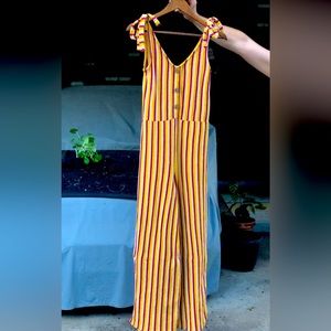 Arizona Jean Company Yellow Red Striped Tie-Shoulder Jumpsuit